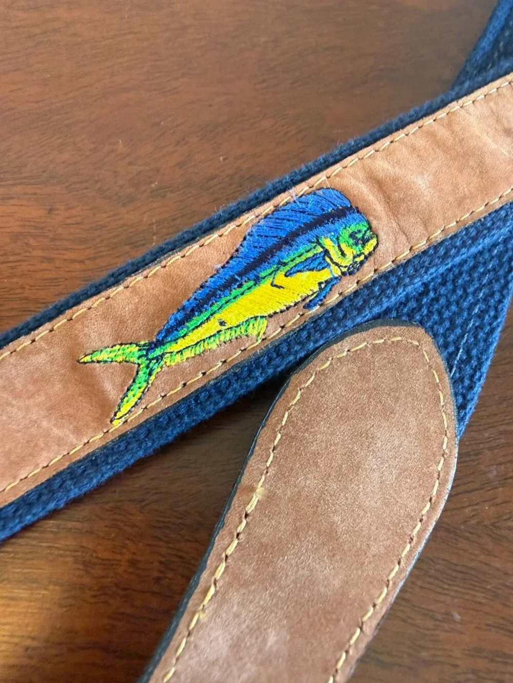 Zep-Pro Mahi Mahi Embroidered Ribbon Belt Navy Leather Trim Size 34